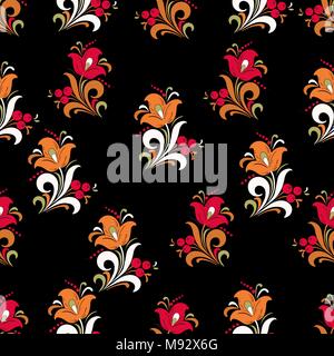 Abstrakte stilisierte Blume nahtlose Muster, vector Hintergrund. Rot, Orange, Grün und Weiß dekorative Blumen, Beeren und Locken auf einem schwarzen Hintergrund. F Stock Vektor