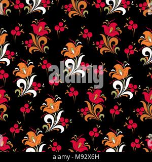 Abstrakte stilisierte Blume nahtlose Muster, vector Hintergrund. Rot, Orange, Grün und Weiß dekorative Blumen, Beeren und Locken auf einem schwarzen Hintergrund. F Stock Vektor