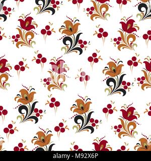 Abstrakte stilisierte Blume nahtlose Muster, vector Hintergrund. Rot, Orange, Grün und Schwarz dekorative Blumen, Beeren und Locken auf einem weißen Hintergrund. F Stock Vektor
