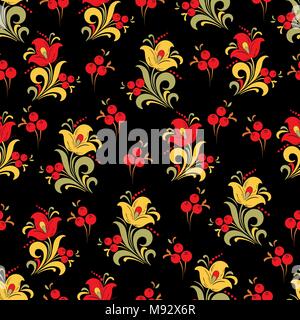Abstrakte stilisierte Blume nahtlose Muster, vector Hintergrund. Rot, Gelb, Grün und Orange Blumen, Beeren und Locken auf einem schwarzen Hintergrund. Stock Vektor