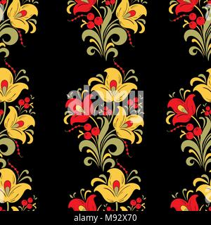 Abstrakte stilisierte Blume nahtlose Muster, vector Hintergrund. Rot, Gelb, Grün dekorative Blumen, Beeren und Locken auf einem schwarzen Hintergrund. Für fabric Stock Vektor