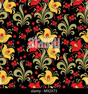 Abstrakte stilisierte Blume nahtlose Muster, vector Hintergrund. Rot, Gelb, Grün dekorative Blumen, Beeren und Locken auf einem schwarzen Hintergrund. Für fabric Stock Vektor