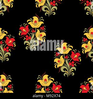 Abstrakte stilisierte Blume nahtlose Muster, vector Hintergrund. Rot, Gelb, Grün dekorative Blumen, Beeren und Locken auf einem schwarzen Hintergrund. Für fabric Stock Vektor