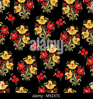 Abstrakte stilisierte Blume nahtlose Muster, vector Hintergrund. Rot, Gelb, Grün dekorative Blumen, Beeren und Locken auf einem schwarzen Hintergrund. Für fabric Stock Vektor