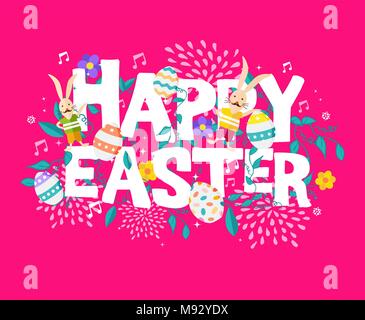 Frohe Ostern Frühling Dekoration Illustration für Holiday Celebration Event. Saisonale Typografie Zitat mit Blumen, Hasen und Eier. EPS 10 Vektor. Stock Vektor