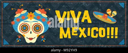 Happy Cinco de Mayo Typografie zitat Abbildung. Festliche mexikanische Veranstaltung Web Banner mit traditionellen Zucker Schädel Catrina und vintage Hintergrund. EPS 10. Stock Vektor