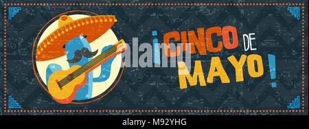 Happy Cinco de Mayo Feiertag Illustration. Festliche mexikanische Veranstaltung Web Banner mit lustigen mariachi Kaktus und vintage Hintergrund. EPS 10 Vektor. Stock Vektor