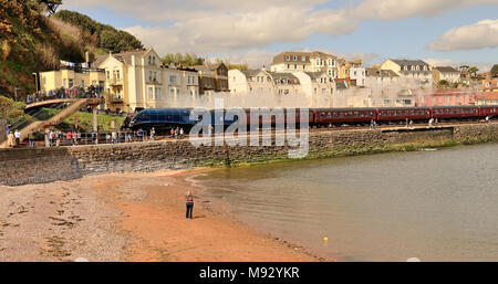 Der erste Dampfzug über die neu gebaute Eisenbahn reisen in Dawlish, nachdem die Linie hatte während der grossen Stürme des Februar 2014 zerstört worden. Stockfoto