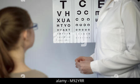 Mädchen in Gläsern mit Blick auf Tabelle Buchstaben, die sehkraft Prüfung, Augenarzt Stockfoto