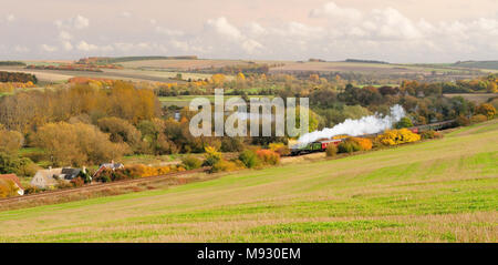 Der Cathedrals Express fährt an den Langford Lakes im Wylye Valley vorbei, gezogen von der Klasse A4 Pacific No 60019 'Bittern', 30.. Oktober 2010. Stockfoto