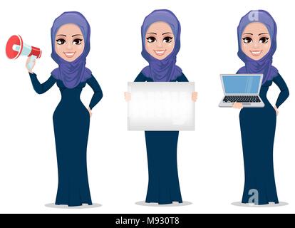 Arabisch Business woman Cartoon Character Set. Junge muslimische Geschäftsfrau in legere Kleidung hält, Lautsprecher, hält Plakat und hält Laptop. Vektor il Stock Vektor