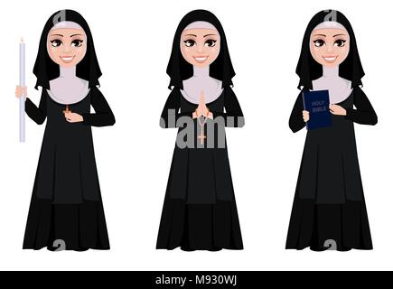 Nonne Cartoon Character Set. Lächelnd katholische Schwester hält brennende Kerze, hält Bibel und steht mit betenden Händen. Vector Illustration auf weißen Hinterg Stock Vektor