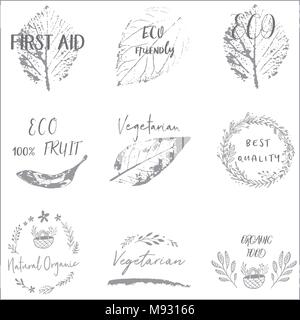 Hand gezeichneten Etiketten und Elemente Sammlung für organische Nahrung und Getränk. Elements Collection für Food Market Labels, ecommerce, organische Produkte Förderung, hochwertige Nahrung und gesundes Leben. Stock Vektor