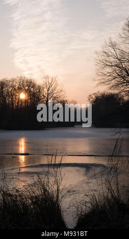 Sonnenaufgang über dem gefrorenen Carola finden Sie in den frühen Morgen. Dresden, Sachsen, Deutschland Stockfoto