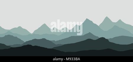 Panoramablick auf die Berglandschaft mit Nebel im Tal mit The Alpenglow grauer Himmel - nahtlose Vektor Stock Vektor