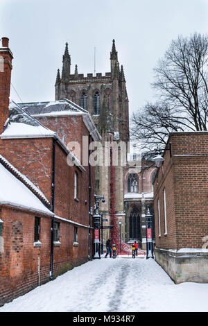 Schnee bedeckt Mohn. Weinende Fenster in der Kathedrale von Hereford, Großbritannien März 2018 Stockfoto