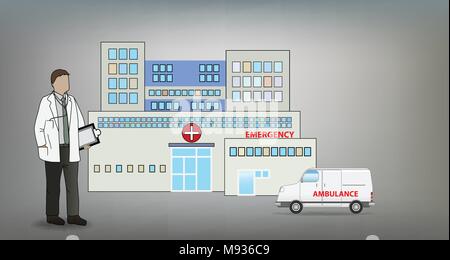 Vector Illustration der Arzt vor dem Krankenhaus und Rettungsdienst Van, EPS 10 Vektor, Verlaufsgitter und Transparenz verwendet Stock Vektor