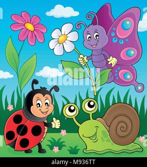 Wiese mit kleinen Tieren und Insekten 1-eps 10 Vector Illustration. Stock Vektor