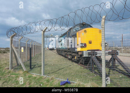 Ein English Electric Class 37 Diesel Lokomotive wartet radioaktiver Flaschen vom Kernkraftwerk Dungeness zu nehmen Stockfoto