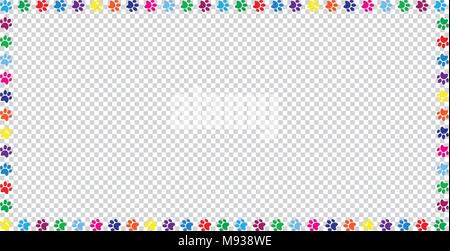 Rechteck Rahmen aus vielfarbigen Rainbow animal paw Prints auf transparenten Hintergrund. Vector Illustration, Vorlage, Rand, Rahmen, Foto fram Stock Vektor