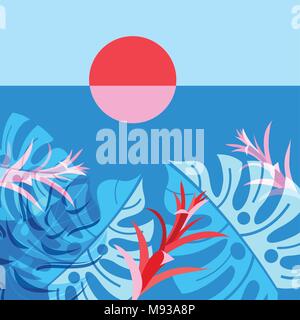 Vector Illustration einer tropischen Landschaft mit Sonne und exotischen Pflanzen. Vorlage für Werbung Reisen rund um die Welt. Stock Vektor