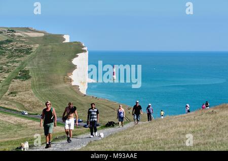 Beachy Head Lighthouse und Kreidefelsen auf ein Sommertag, South Downs National Park East Sussex Eastbourne England Großbritannien Stockfoto