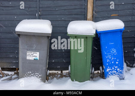 Schnee bedeckt wheelie Bins in einer Vorstadtstraße, Tameside, Manchester, England, Großbritannien Stockfoto