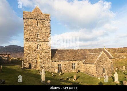 Die historische Kirche von St Clements an Rodel auf der Isle of Harris auf den Äußeren Hebriden. Stockfoto