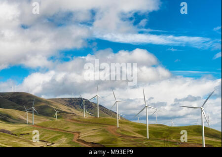 Windenergieanlagen stand groß und stark gegen die Wüste Landschaft aus sanften Hügeln in der Columbia River Gorge Stockfoto