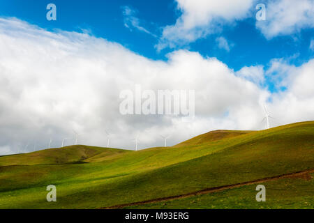 Windenergieanlagen stand groß und stark gegen die Wüste Landschaft aus sanften Hügeln in der Columbia River Gorge Stockfoto