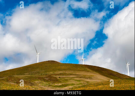 Windenergieanlagen stand groß und stark gegen die Wüste Landschaft aus sanften Hügeln in der Columbia River Gorge Stockfoto