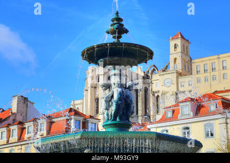 Lissabon, Rossio Platz Brunnen Stockfoto