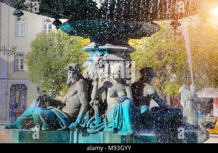 Lissabon, Rossio Platz Brunnen Stockfoto