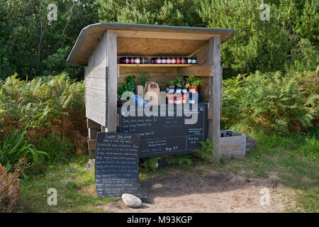 Bio Gemüse verkauft am Straßenrand mit Ehrlichkeit, Scilly Inseln, England, Europa Stockfoto