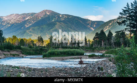 Berg Fluss und Wald Bäume auf den Sonnenuntergang, Altai Gebirge, Kasachstan Stockfoto