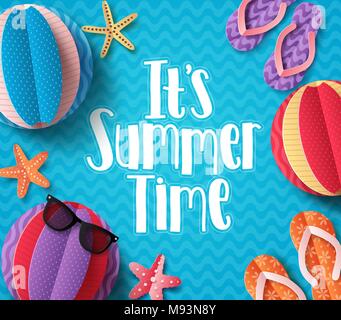 Es ist Sommer vektor Banner mit flachen Papier ausgeschnittenen Elemente floating in Blue Beach Muster Hintergrund für den Sommerurlaub. Saisonale Hintergrund Vorlage Stock Vektor
