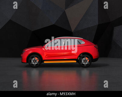 Seitenansicht des rot metallic selbst Fahren elektrisch SUV auf schwarzen geometrischen Hintergrund. 3D-Bild. Stockfoto