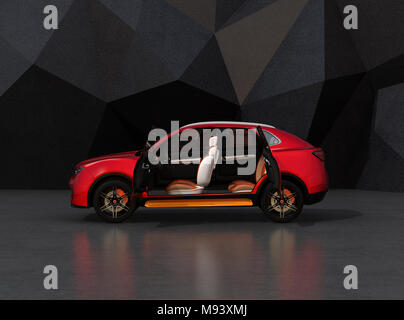 Seitenansicht des rot metallic selbst Fahren elektrisch SUV auf schwarzen geometrischen Hintergrund. 3D-Bild. Stockfoto