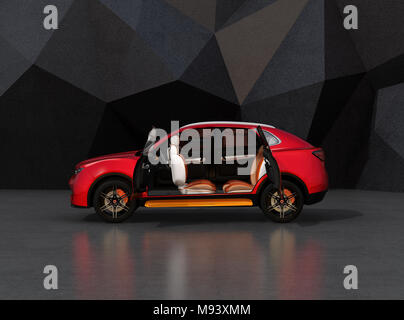 Seitenansicht des rot metallic selbst Fahren elektrisch SUV auf schwarzen geometrischen Hintergrund. 3D-Bild. Stockfoto