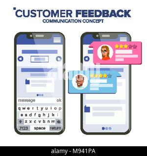 Customer Feedback Bewertung Vektor. Smartphone Vektor. Sprechblasen. Social Media App-Schnittstelle. Isolierte Abbildung Stock Vektor