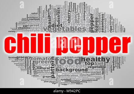 Chili Wort cloud. Kreative Darstellung der Idee, Wort, Schrift und Typografie. 3D-Rendering. Stockfoto
