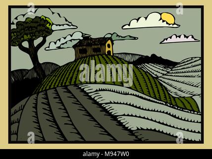Hand gezeichnet Haus auf einem Hügel drucken gestalteten Abbildung Stock Vektor