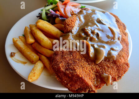 Schnitzel mit Salat, Pilzsauce und Pommes Frites Stockfoto