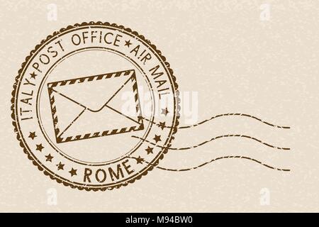 Briefmarke, rund braun Stempel mit Briefumschlag. Rom, Italien Stock Vektor