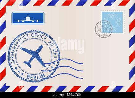 Umschlag mit BERLIN Stempel. Internationale Post Porto mit Poststempel und Briefmarken Stock Vektor