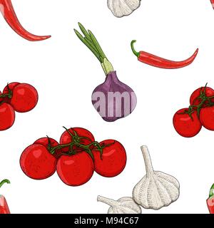 Gemüse. Hand gezeichnete farbige Skizze als nahtlose Muster Stock Vektor