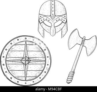 Viking warrior set-Schild, zwei scharfe Axt und Helm. Hand Skizze gezeichnet Stock Vektor