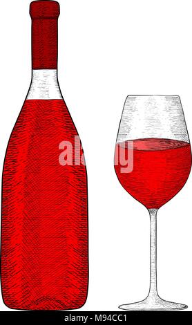 Flasche Rotwein mit Glas. Hand Skizze gezeichnet Stock Vektor