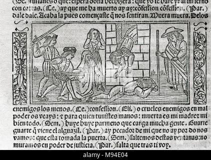 Die Celestina oder Tragikomödie von Calisto und Melibea (1499), von Fernando de Rojas (ca. 1465–1541). Gravur, die eine Szene darstellt. Ausgabe gedruckt in Burgos, Kastilien, Spanien, 1531. Stockfoto