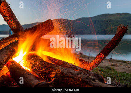 Zwei Sekunden lange Belichtung Foto des brennenden Feuer am Ufer des Herbst See Dospat, Rhodopen Gebirge, Bulgarien. Verschwommene mann Silhouette in der Rückseite Stockfoto